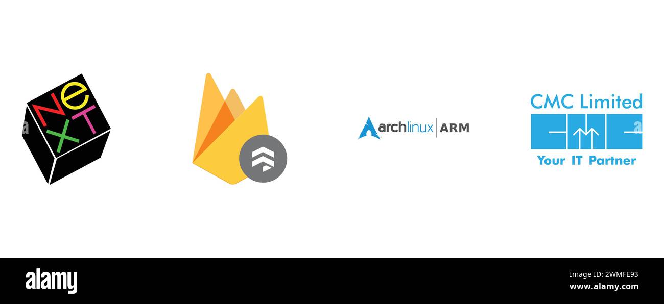 ARCH LINUX ARM, FIRESTORE, NEXT, CMC LIMITED. vector illustration isolated on white background. Stock Vector