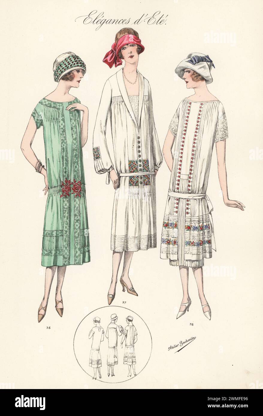 Flappers in cloche hats with ribbons and summer frocks, 1925. Dress in crepe Georgette with lace entre-deux edged with glass beads 36, Japanese silk dress with embroidered panels 37, and tunic in Georgette with vertical and horizontal tucks 38. Handcoloured lithograph by Atelier Bachwitz from Modell-Kleider fur den Hochsommer, Elegances d’Ete, Fashions for the Hot Season, Atelier Bachwitz AG, Vienna, 1925. Stock Photo