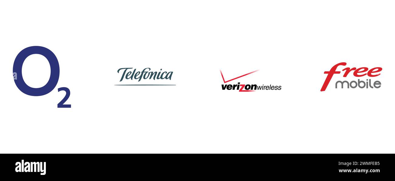 VERIZON WIRELESS, TELEFONICA, FREE MOBILE, O2. vector illustration isolated on white background. Stock Vector
