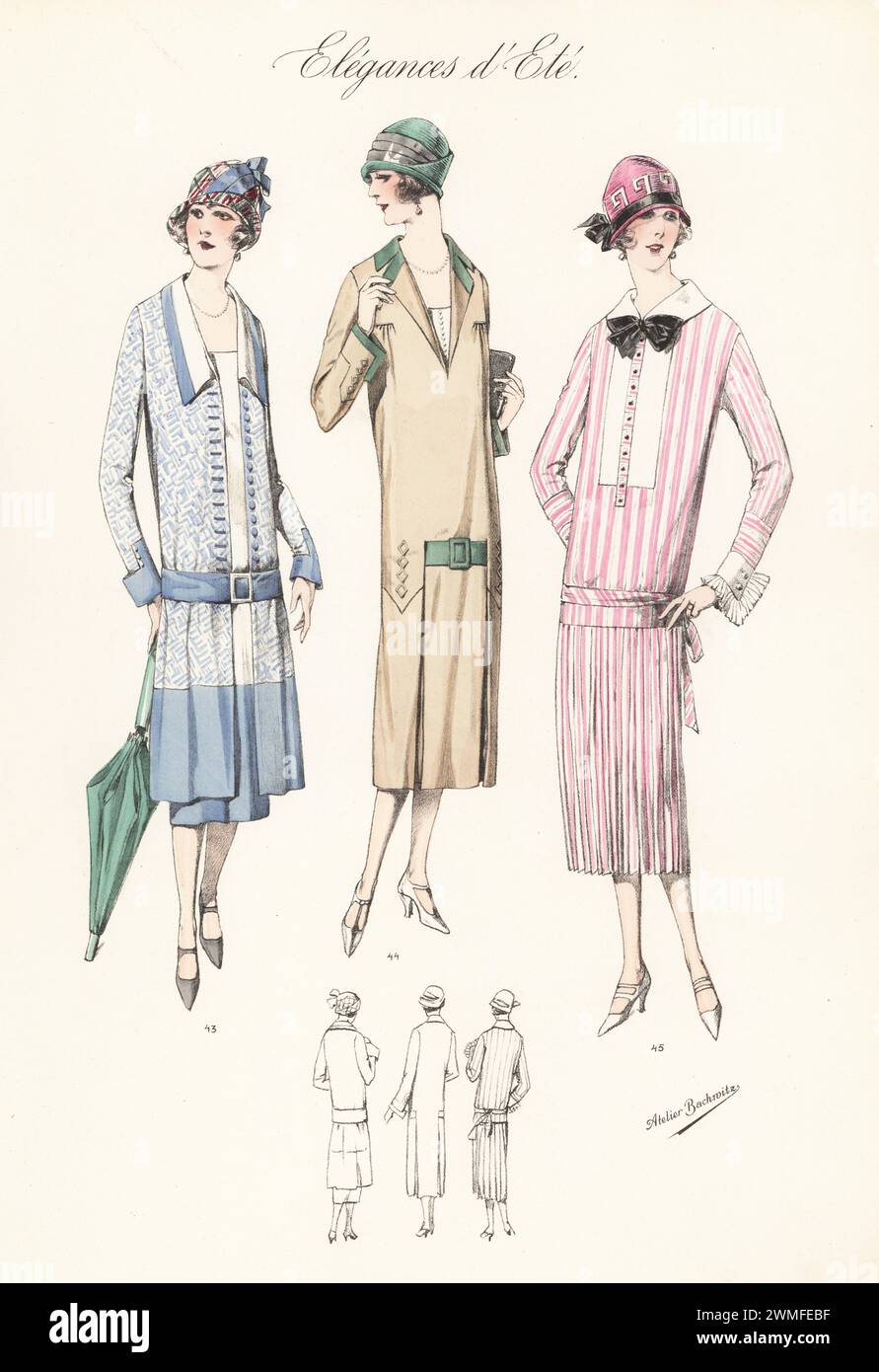 Flappers in cloche hats and summer frocks, 1925. Tunic robe of blue silk poplin 43, street dress of cotton with yoke shaped top and buckskin belt 44 and striped-pink natural silk frock with Byron collar and cuffs 45. Handcoloured lithograph by Atelier Bachwitz from Modell-Kleider fur den Hochsommer, Elegances d’Ete, Fashions for the Hot Season, Atelier Bachwitz AG, Vienna, 1925. Stock Photo