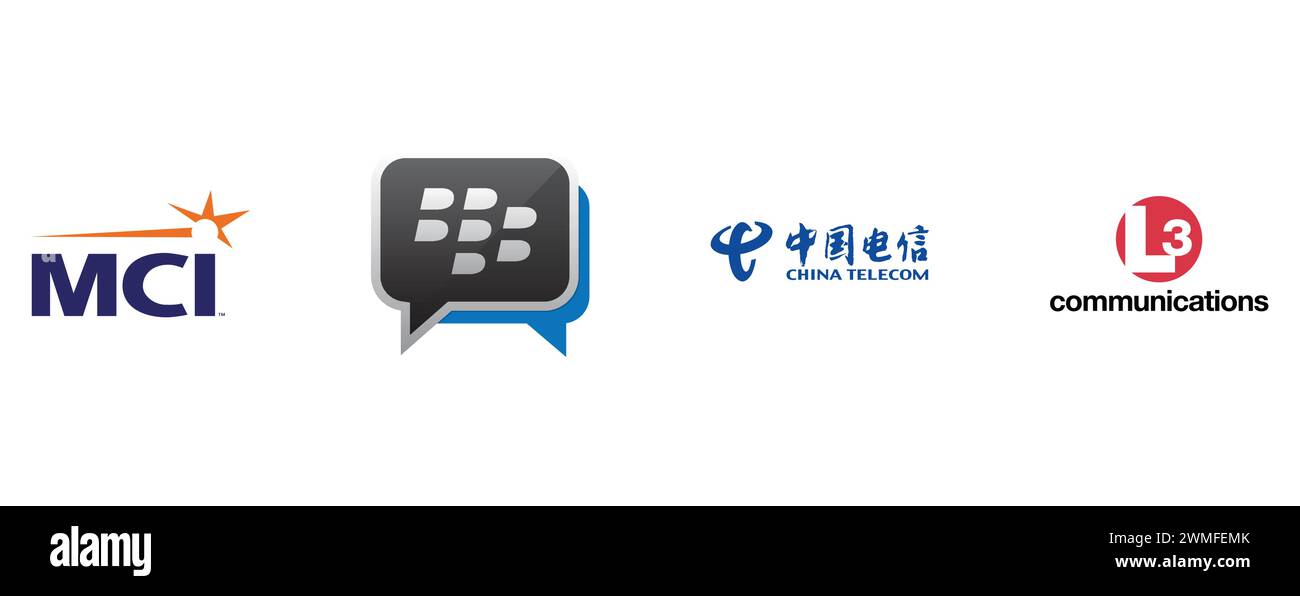 MCI, BLACKBERRY MESSENGER, L3 COMMUNICATIONS, CHINA TELECOM. vector illustration isolated on white background. Stock Vector