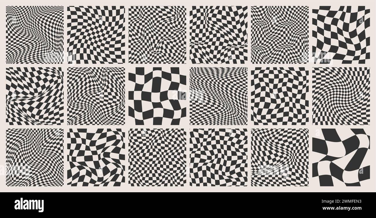 Trendy checkered pattern, black and white distorted tiled grid. Wavy ...