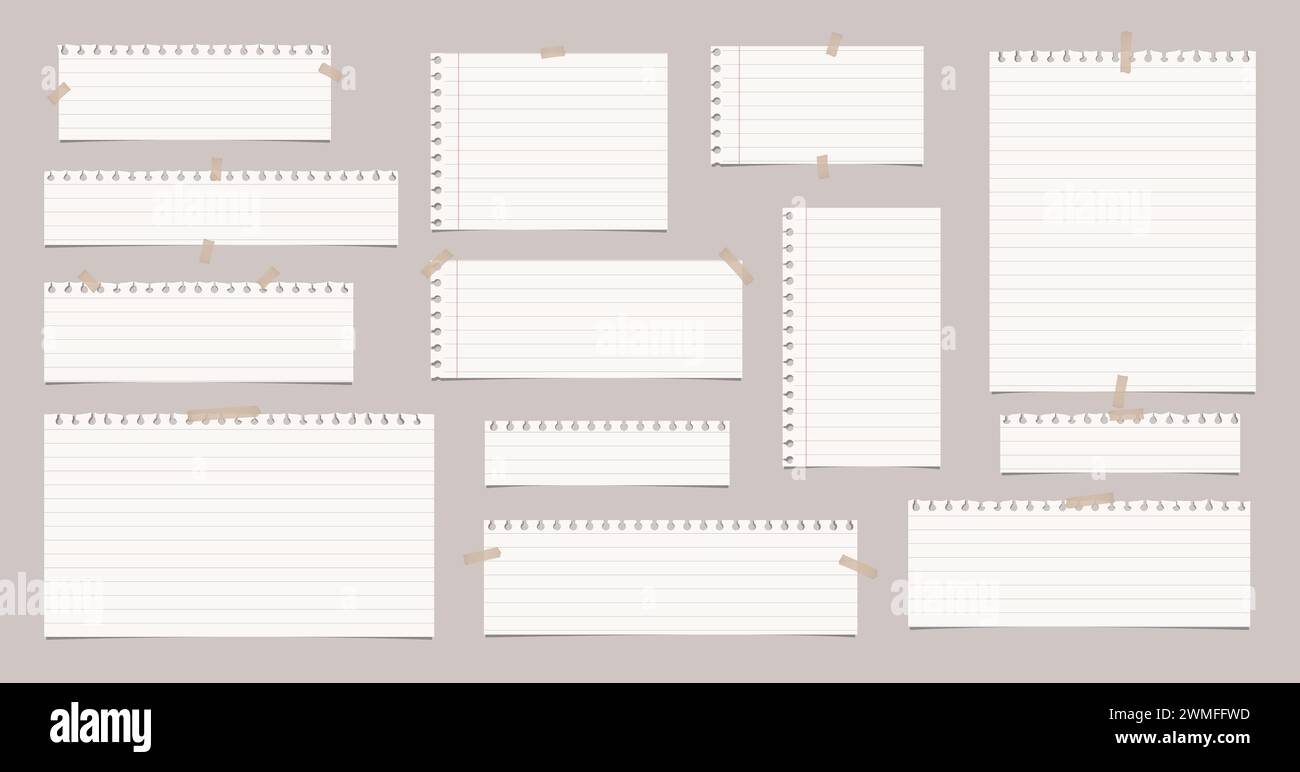 Set of cut notebook sheets, lined paper with hard shadow are on brown background for text, notes, ad. Stock Vector