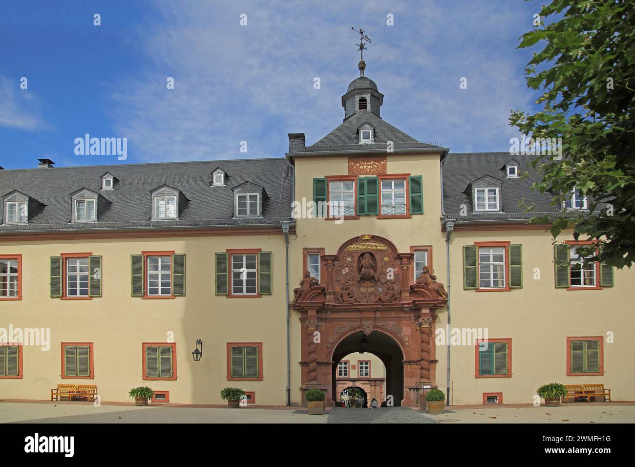 Inner courtyard with entrance and portal with decorations, gate, baroque, spire, castle, Bad Homburg, Taunus, Hesse, Germany Stock Photo