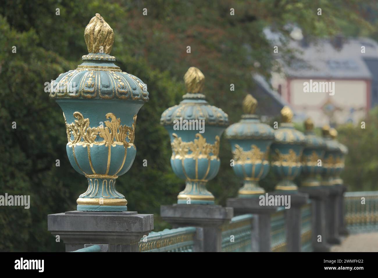 Balustrade with row of lidded vases, lidded vase, vase, balustrade, golden, depth of field, blur, castle garden, Weilburg, Taunus, Hesse, Germany Stock Photo