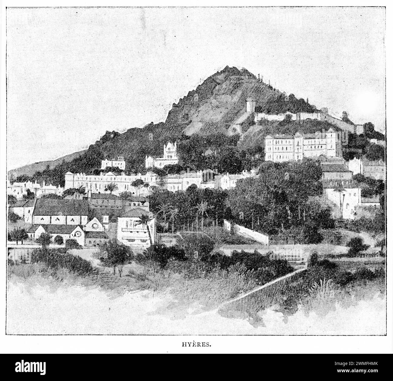 Halftone of Hyeres, circa 1900. Hyères is a French town on the Mediterranean coast. Its hillside old town features the remains of a medieval castle and centuries-old walls. Stock Photo