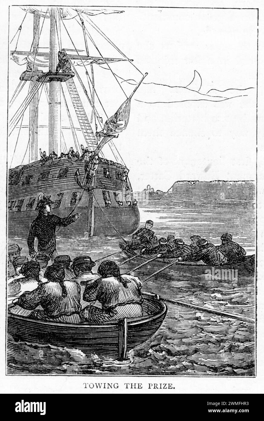 Engraving of sailors in a rowboat towing a ship captured in battle, circa 1880 Stock Photo