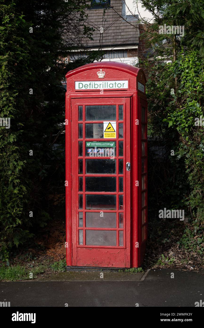 Defibrillator telephone box, Stockton village, Warwickshire, England