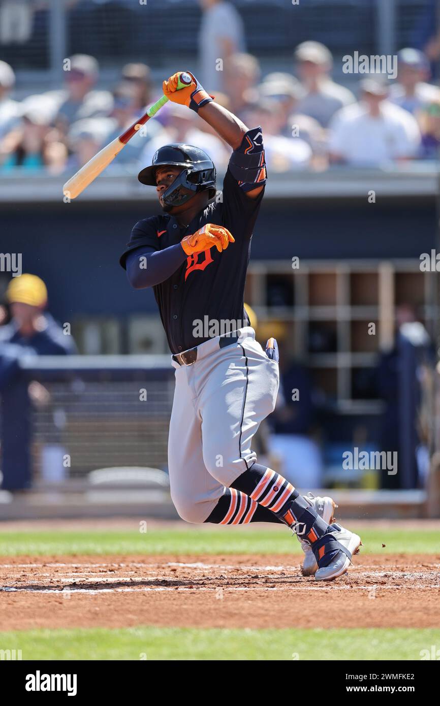 Port Charlotte, FL: Detroit Tigers shortstop Eddys Leonard (51) grounds into a double play during an MLB spring training game against the Tampa Bay Ra Stock Photo