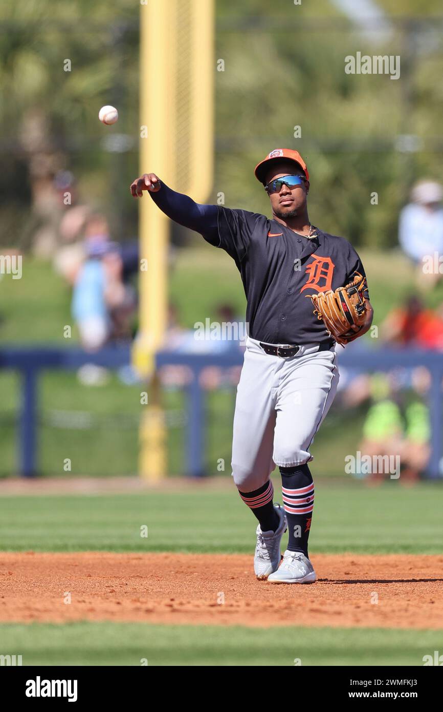 Port Charlotte, FL: Detroit Tigers shortstop Eddys Leonard (51) fields and throws to first during an MLB spring training game against the Tampa Bay Ra Stock Photo