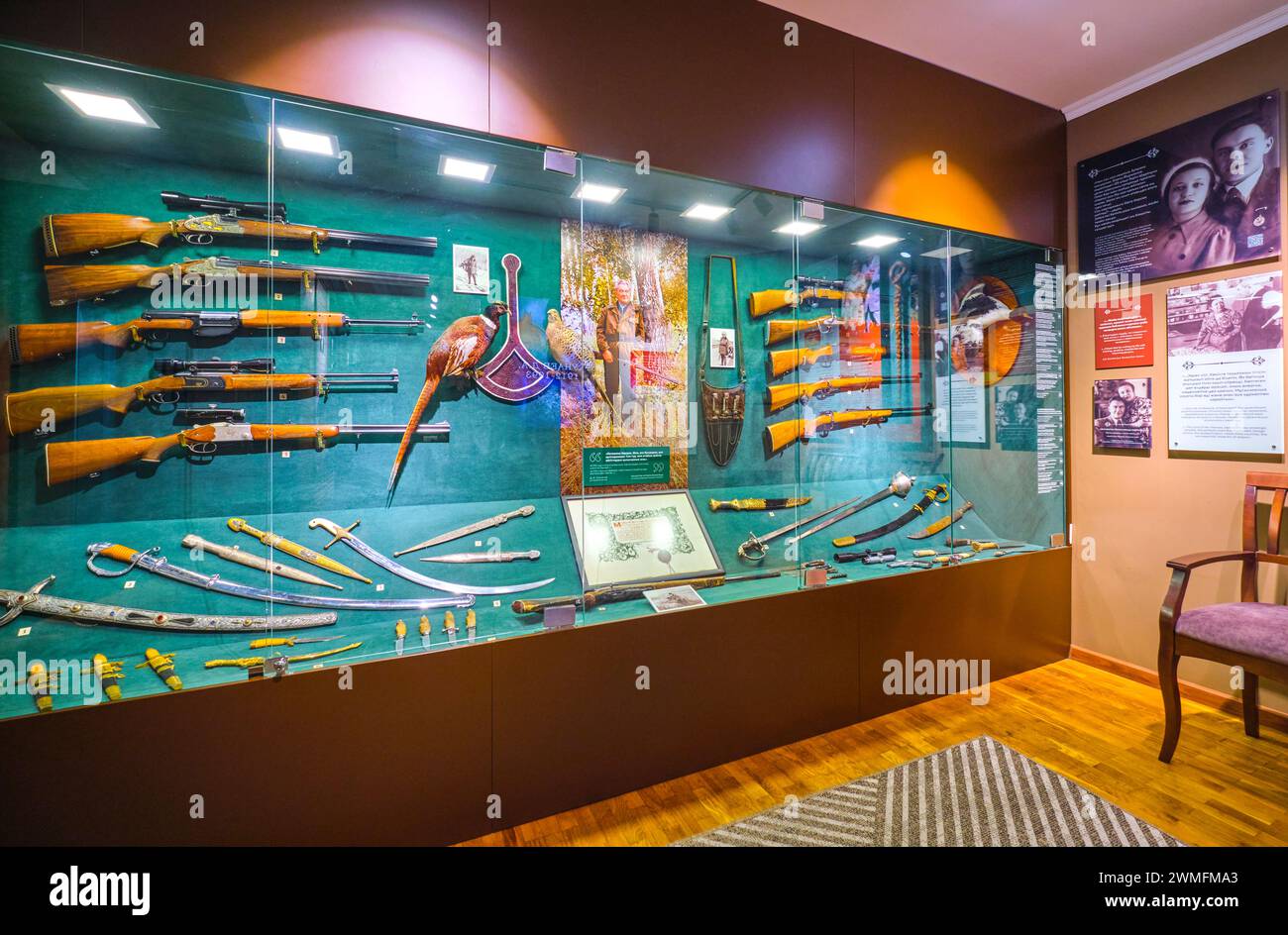 A display of many of Kunaev's hunting rifles, part of his favorite hobby. At communist First Secretary Dinmukhamed Kunaev's House Museum in Almaty, Ka Stock Photo