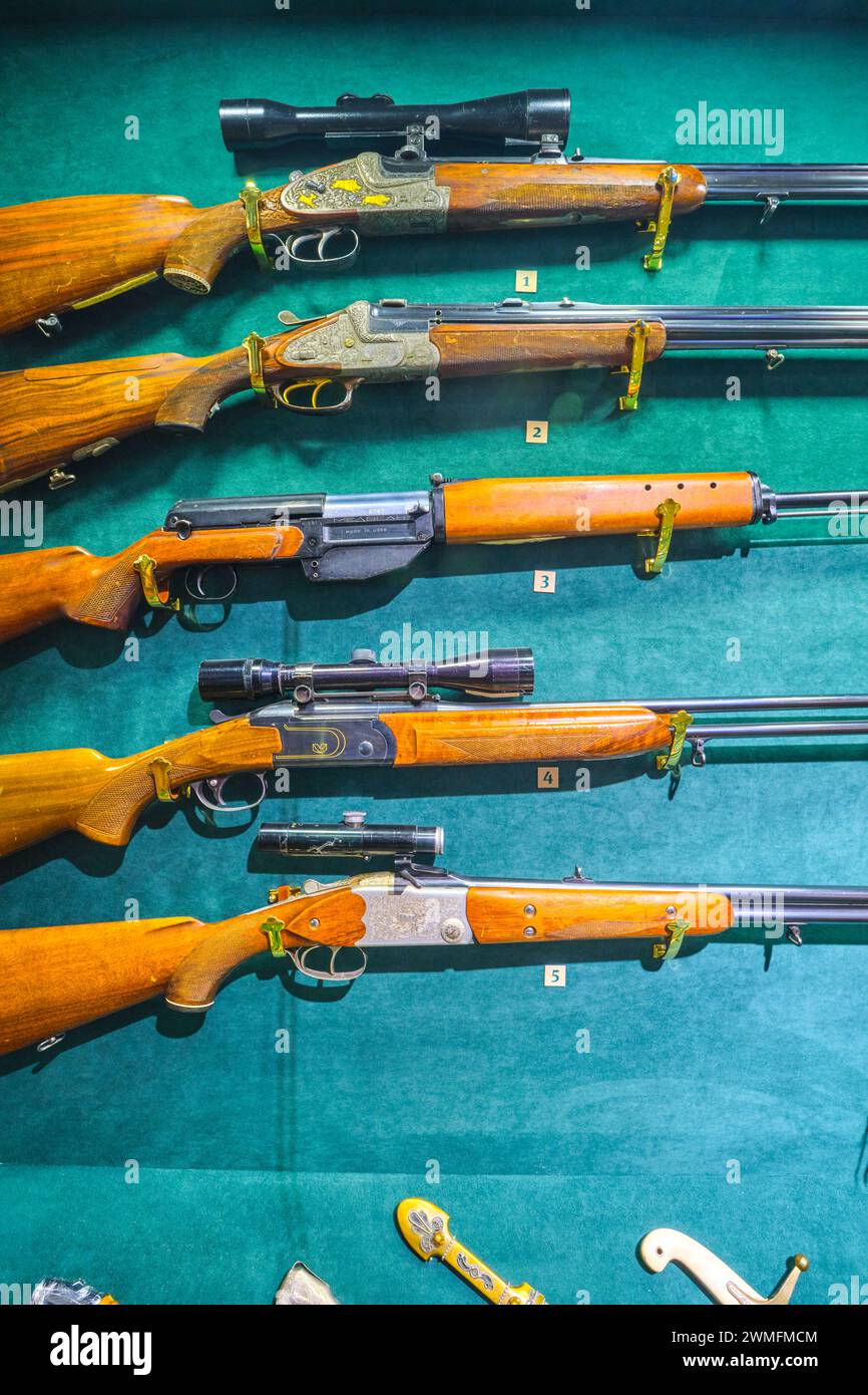 A display of many of Kunaev's hunting rifles, part of his favorite hobby. At communist First Secretary Dinmukhamed Kunaev's House Museum in Almaty, Ka Stock Photo