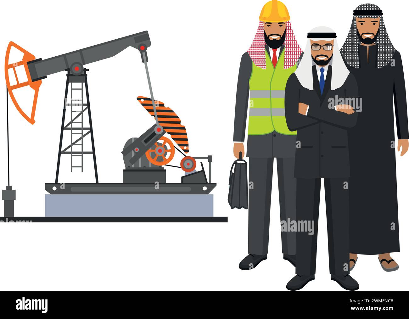 Arab Muslim Businessman, Engineer and Oil Pump in Flat Style. Vector Illustration. Stock Vector