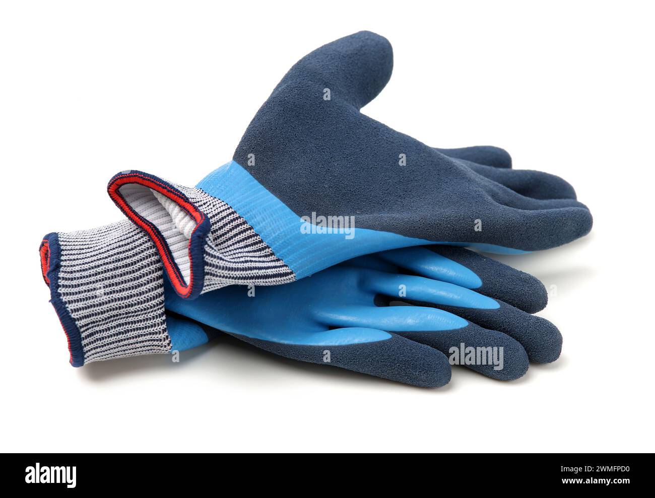 Pair of b'lu textile work gloves with protective rubber layer isolated on white background with soft shadow Stock Photo