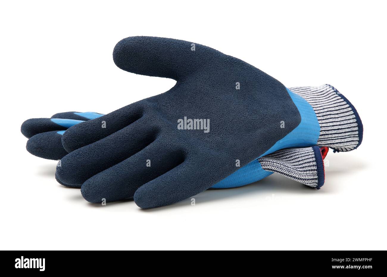 Pair of b'lu textile work gloves with protective rubber layer isolated on white background with soft shadow Stock Photo