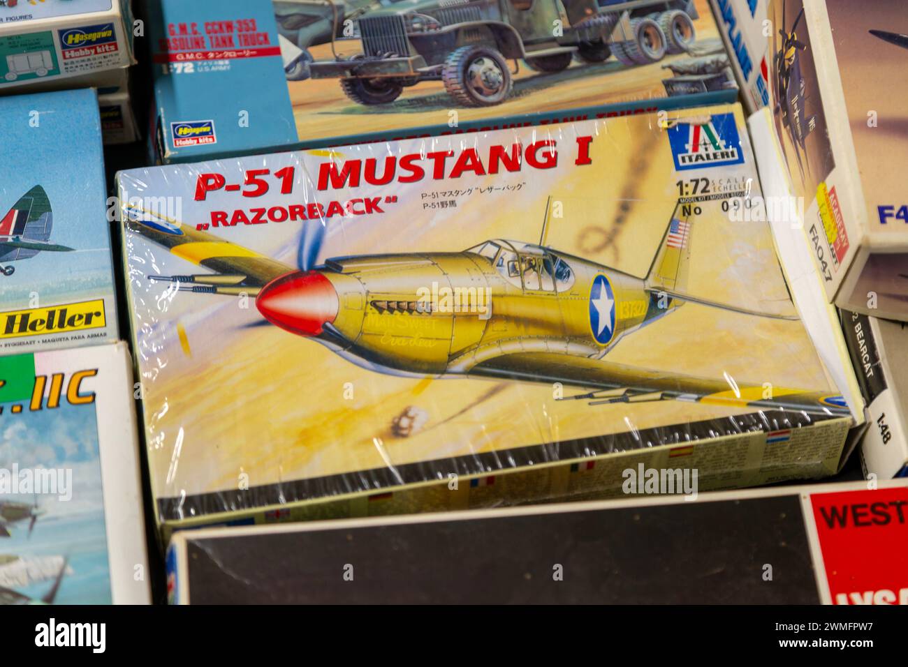 Boxed model plane kit on display at auction, UK P-51 Mustang 1 'Razorback' Stock Photo