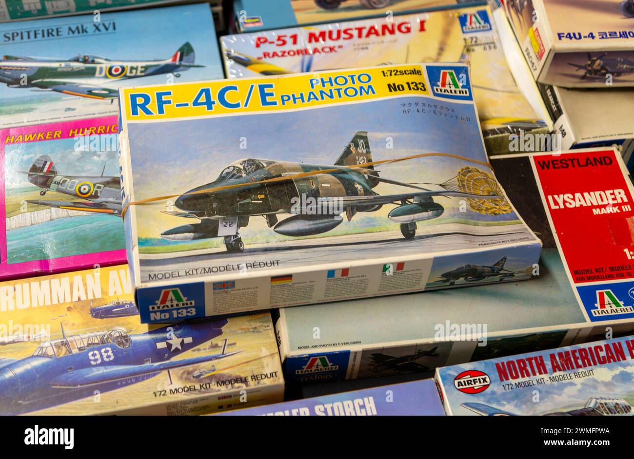 Boxed model plane kits on display at auction, UK - Photo Phantom RF-4cCE Stock Photo