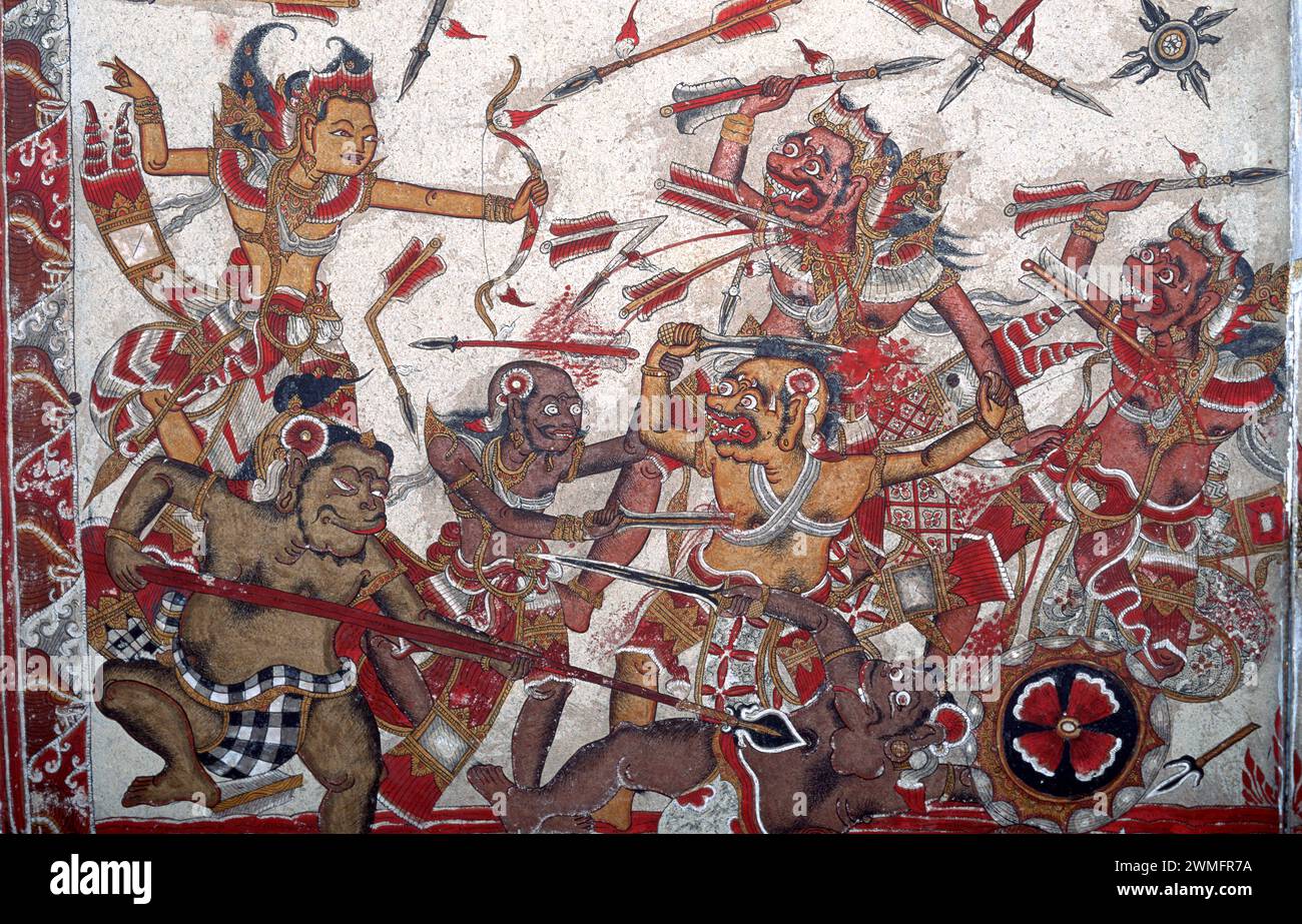 Wall paintings in Kertha Gosa Hall of Justice. Klungkung Palace, Semarapura, Bali, Indonesia. Stock Photo