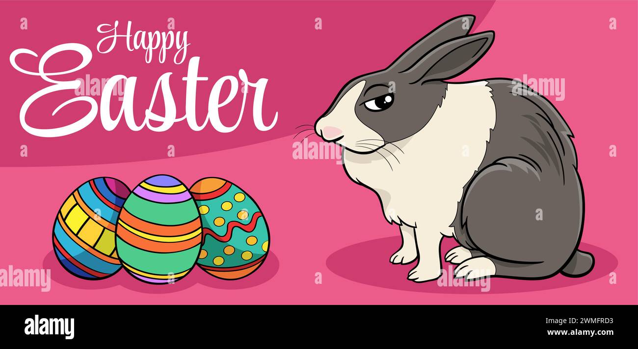 Cartoon illustration of Easter Bunny with colored eggs greeting card ...