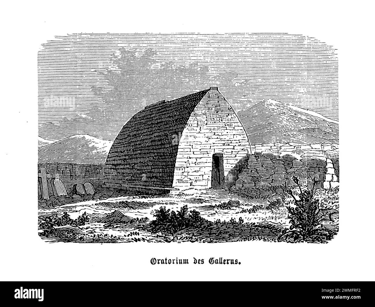 Gallarus Oratory, located on the Dingle Peninsula in County Kerry, Ireland, is an exquisite example of early Christian architecture that has stood the test of time. Dating back over a thousand years, this small, dry-stone structure resembles an upturned boat and is celebrated for its remarkable state of preservation and its simple, yet sophisticated, construction technique. The oratory's precise stonework, with stones carefully fitted together without mortar, showcases the ingenuity of its builders and their mastery over the materials at hand. Gallarus Oratory was used as a place of prayer Stock Photo