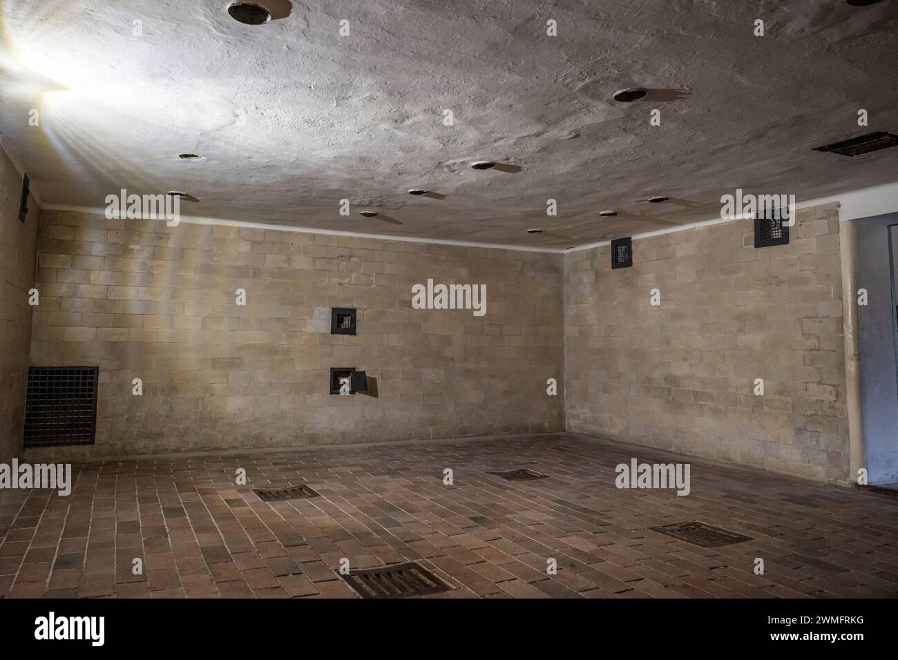 The inside of a gas chamber at Dachau Concentration Camp in Dachau, Germany. Stock Photo