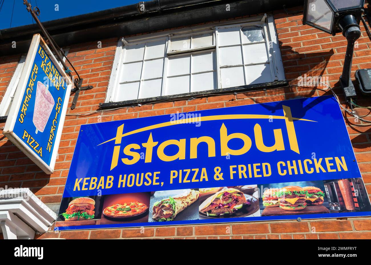 Istanbul kebab burgers pizza chicken, take-away restaurant signs, Halesworth, Suffolk, England, UK Stock Photo