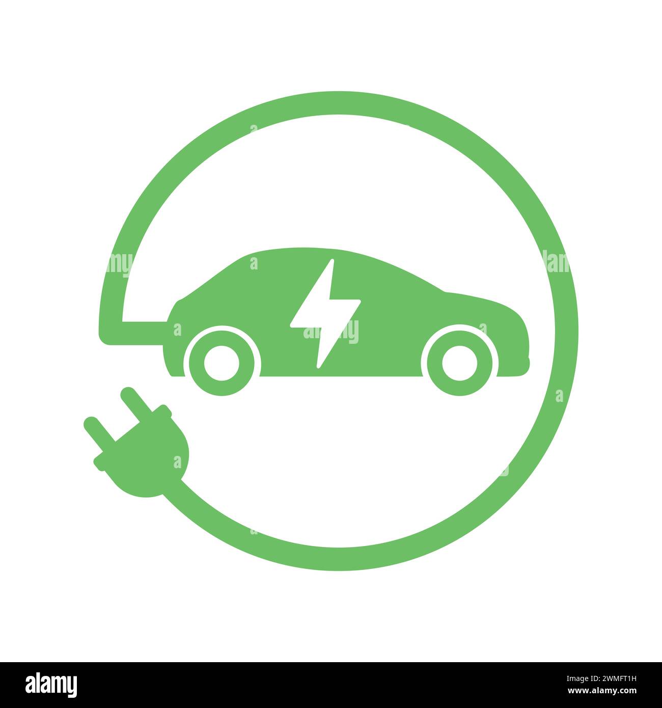 Green Electric Car With Plug Charging Symbol. Electric Vehicle Icon. EV Cars Icons. Charging Station Road Sign. Renewable Eco Technologies Stock Vector