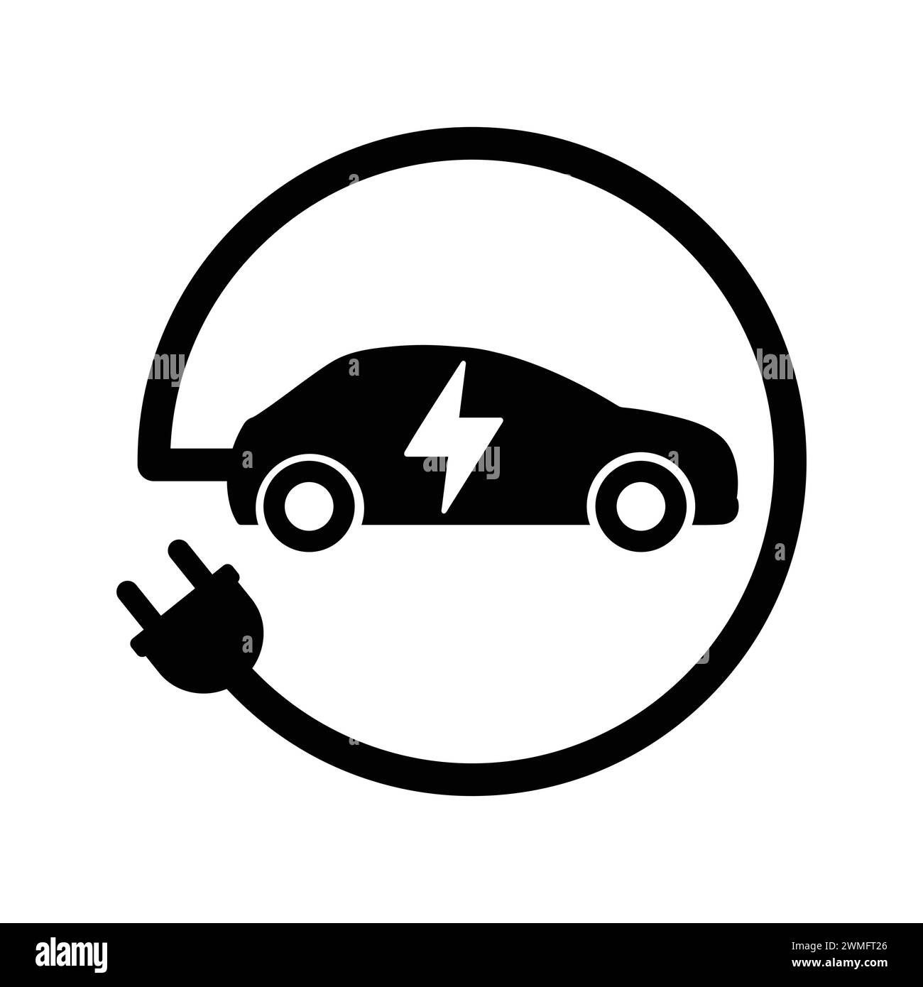 Electric Car With Plug Charging Green Symbol. Electric Vehicle Icon. EV Cars Icons. Charging Station Road Sign. Renewable Eco Technologies Stock Vector