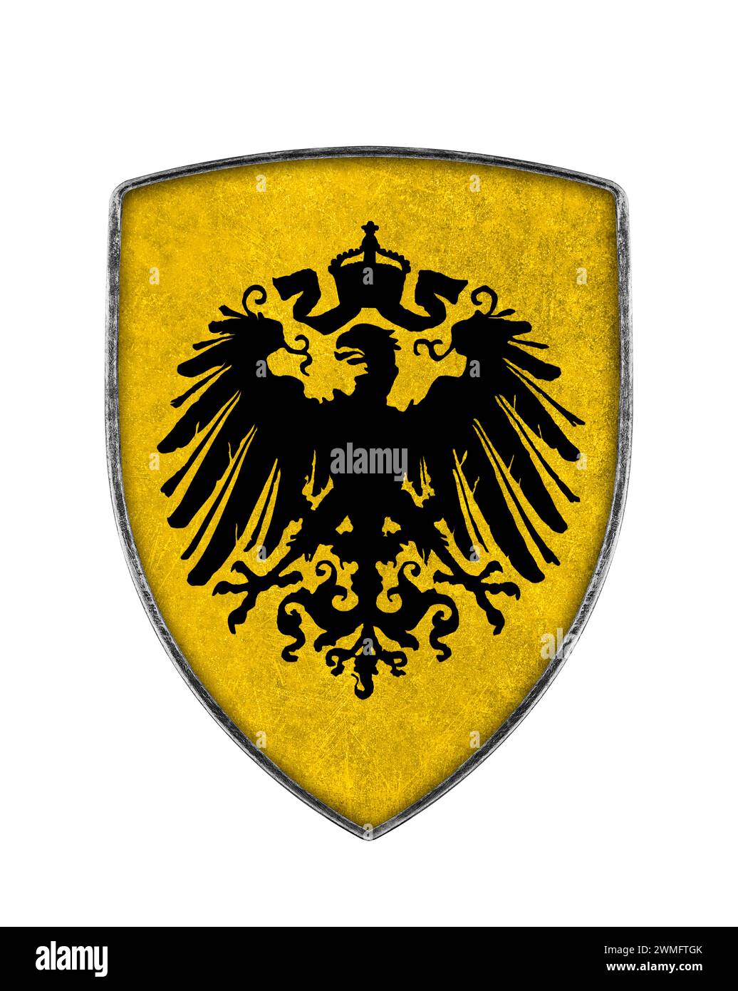 Old metal shield with black eagle isolated on white background Stock