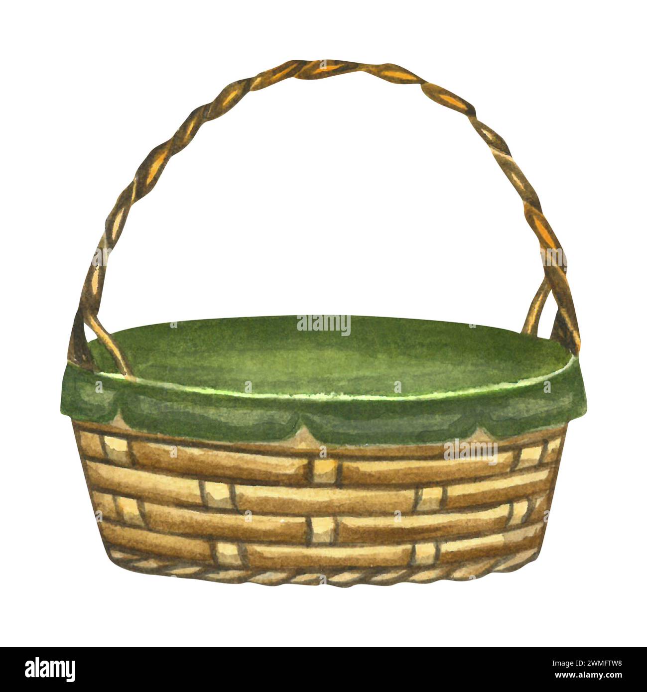 Watercolor illustration of a wicker basket. Made by hand isolated on ...