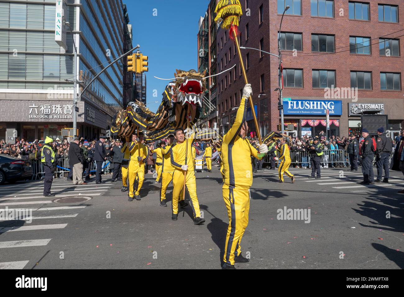 New York, United States. 25th Feb, 2024. Dragon dancers participate in the annual Lunar New Year parade in Chinatown on February 25, 2024 in New York City. People gathered to enjoy and celebrate the 26th annual Lunar New Year parade, commemorating the end of the 15 days honoring the first new moon on the lunar calendar. 2024 is the 'Year of the Dragon.' (Photo by Ron Adar/SOPA Images/Sipa USA) Credit: Sipa USA/Alamy Live News Stock Photo