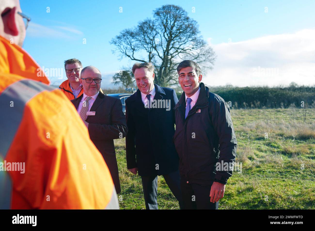 (left-right) Paul Mckeown, finance and commercial director, Andrew Haines, Chief Executive and Board member of Network Rail, Julian Sturdy, Conservative MP for York Outer and Prime Minister Rishi Sunak, during a visit to a location on the site of the future Haxby railway station near York. Picture date: Monday February 26, 2024. Stock Photo