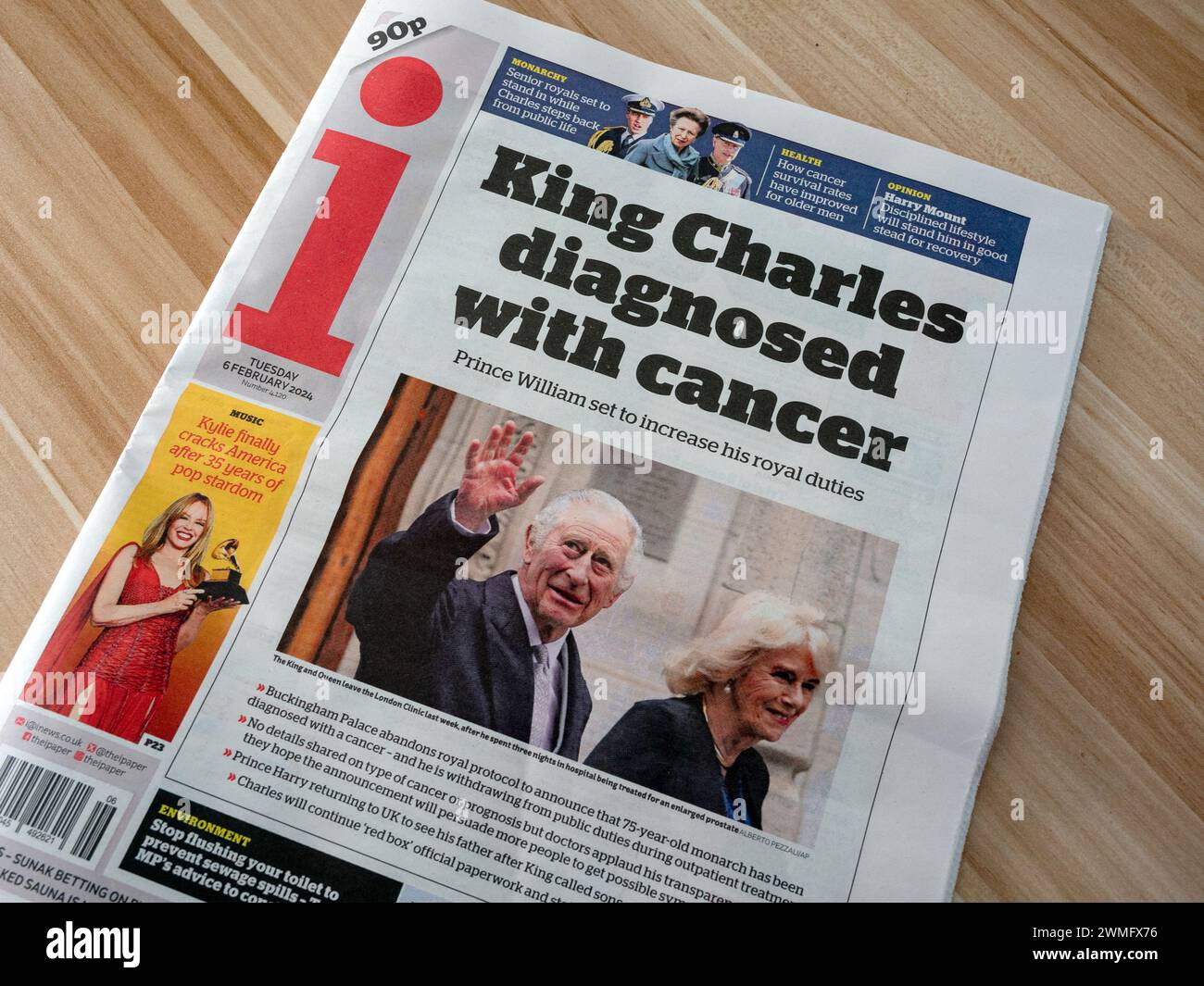 Front page of the i paper 6 February with the headline 'King Charles Diagnosed With Cancer' Stock Photo