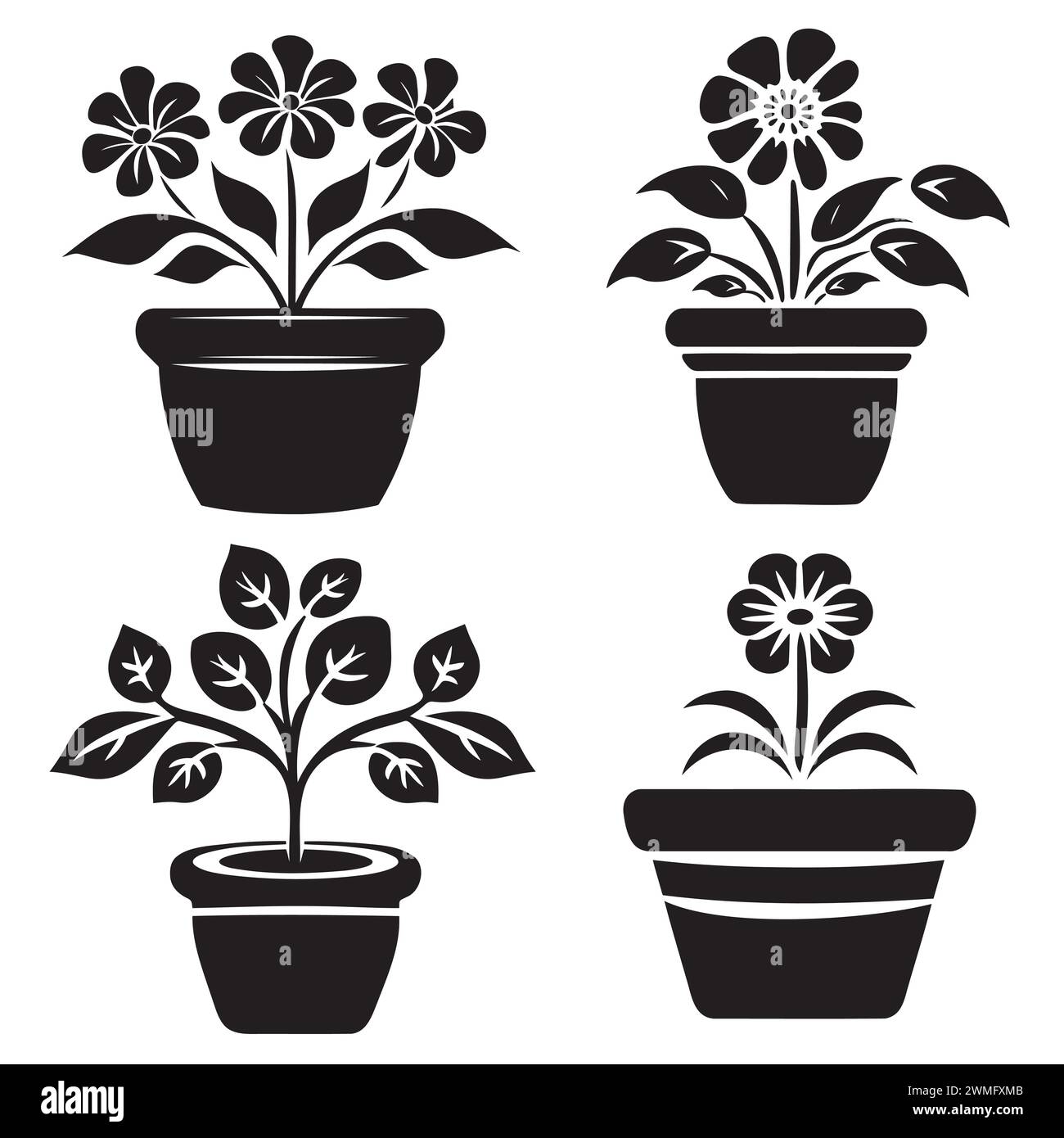 Set of logo, black and white illustration of flower in pots Stock ...