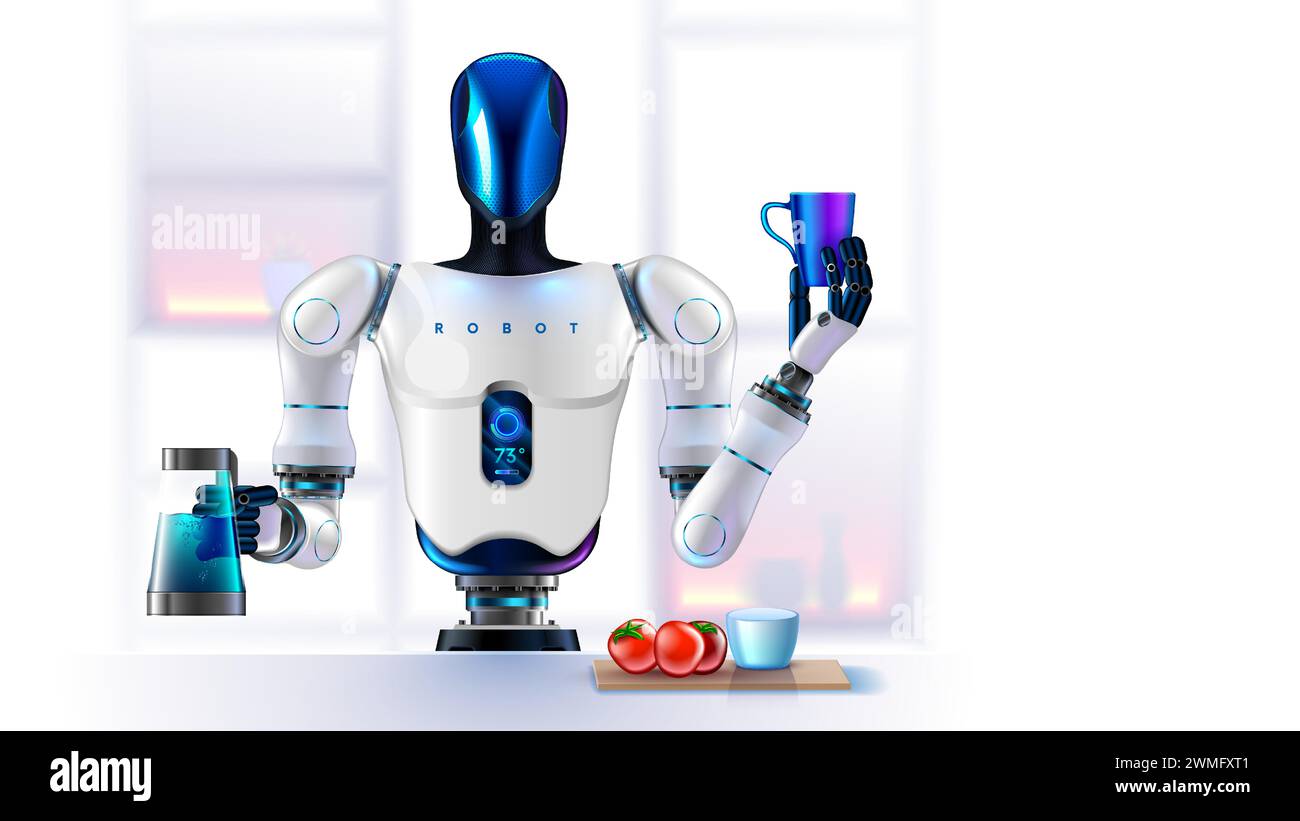 AI Robot servant cooking breakfast, coffee at home in the kitchen. Automated robotic bot cooker assistant holds a teapot, pours coffee into a mug. Rob Stock Vector