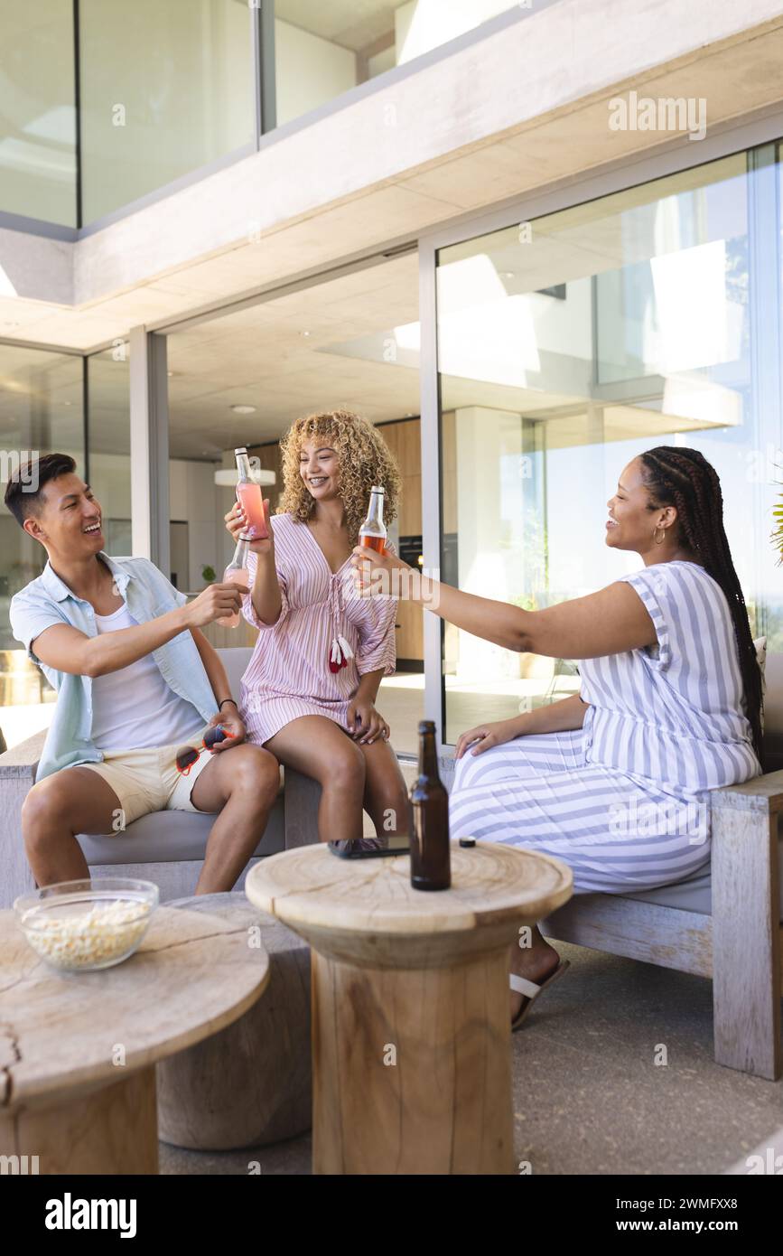 Diverse friends enjoy a toast outdoors at a casual gathering Stock Photo