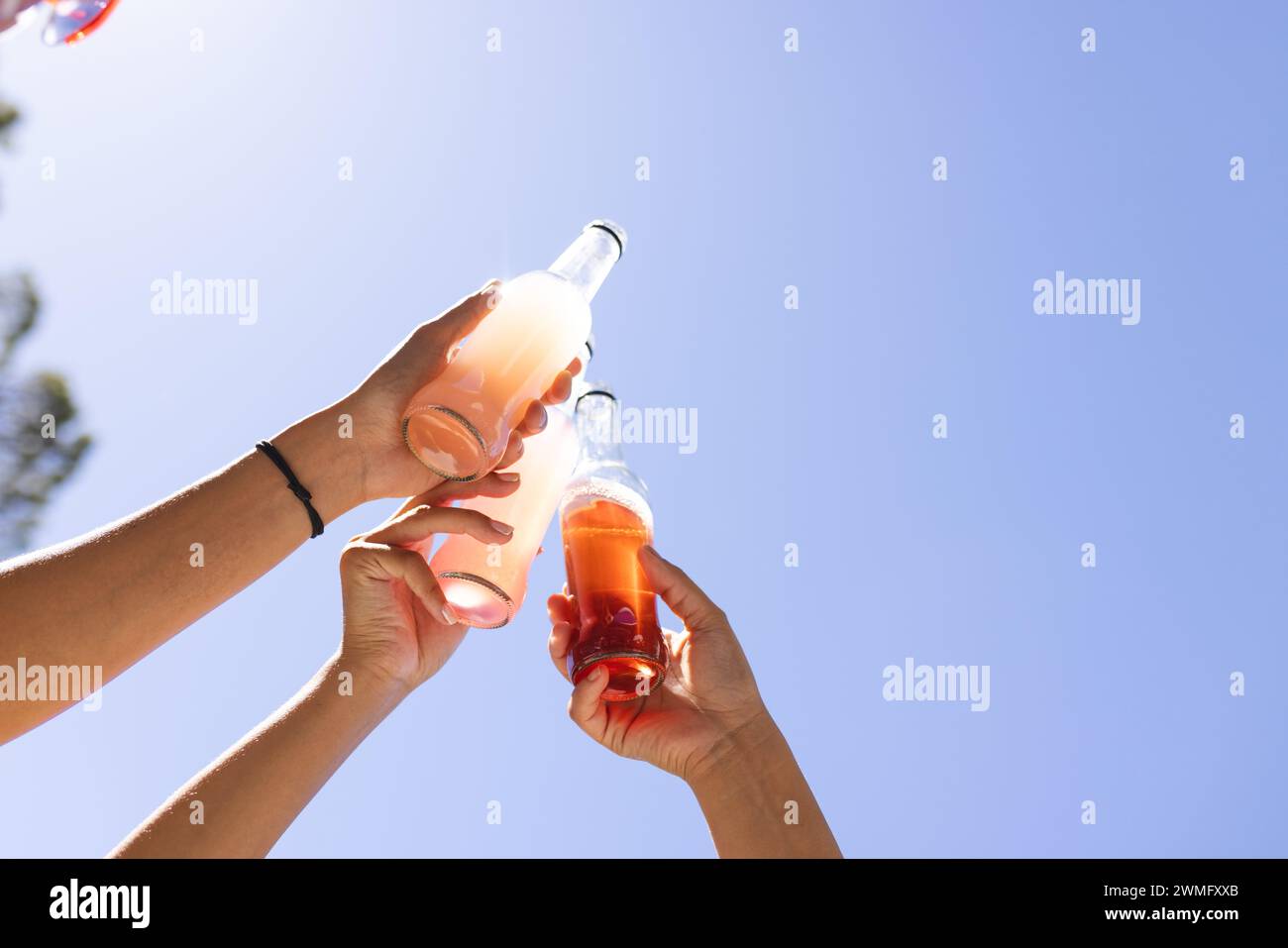 Hands clinking soda bottles against a clear blue sky Stock Photo