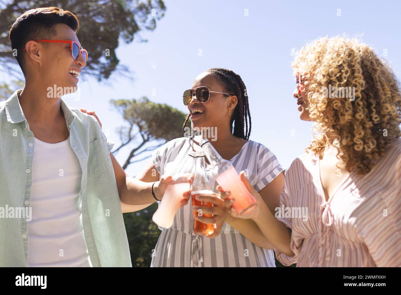 Young Asian man and diverse women enjoy a sunny outdoor gathering Stock Photo