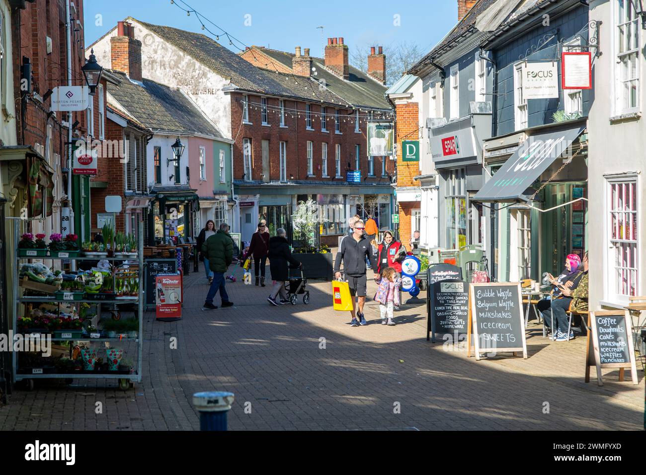 Pedestrianised high street in town centre, Halesworth, Suffolk, England, UK Stock Photo