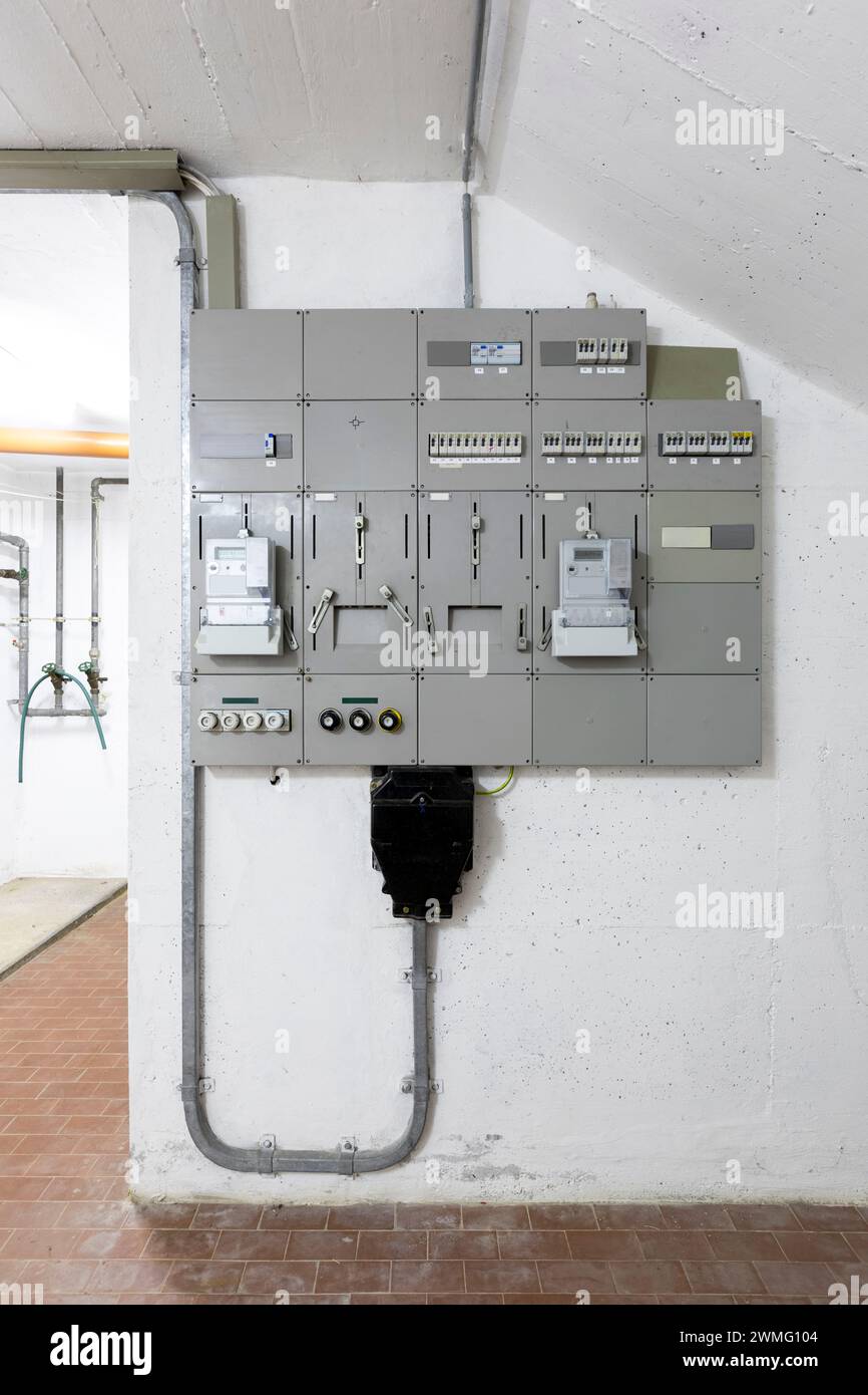 Detail of gray electrical panel. Front view Stock Photo