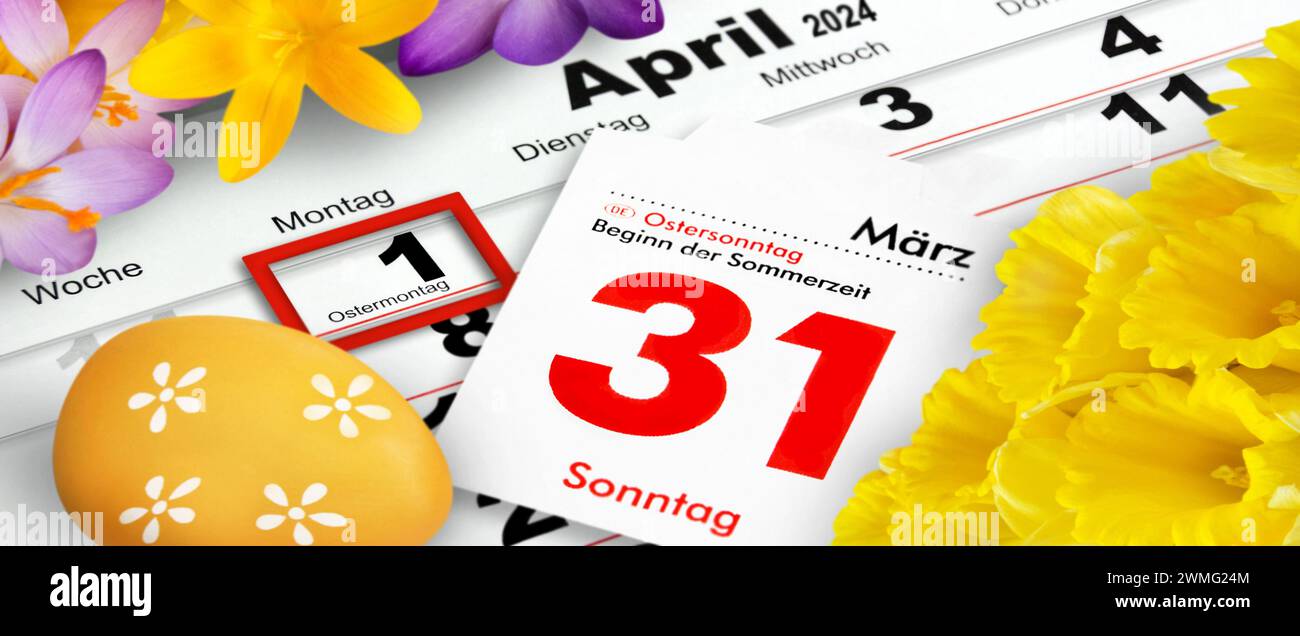 Deutscher Kalender 2024  Ostern 31. März und 1. April  Feiertage Ostersonntag und Ostermontag Stock Photo
