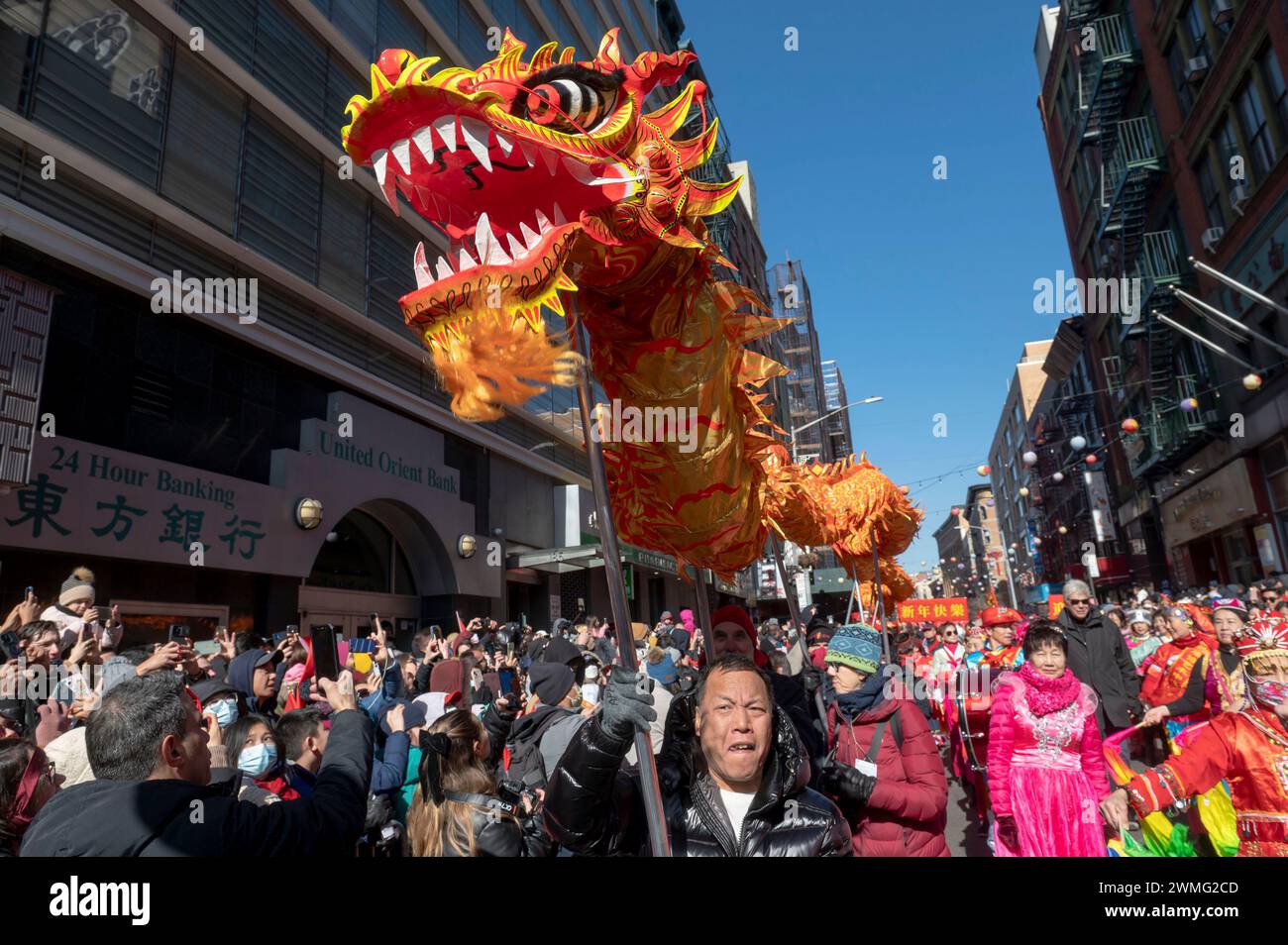 February 25, 2024, New York, New York, United States: (NEW) Chinatown Lunar New Year Parade. February 25, 2024, New York, New York, USA: Dragon dancers participate in the annual Lunar New Year parade in Chinatown on February 25, 2024 in New York City. People gathered to enjoy and celebrate the 26th annual Lunar New Year parade, commemorating the end of the 15 days honoring the first new moon on the lunar calendar. 2024 is the &quot;Year of the Dragon.&quot; (Credit Image: © Ron Adar/TheNEWS2 via ZUMA Press Wire) EDITORIAL USAGE ONLY! Not for Commercial USAGE! Stock Photo