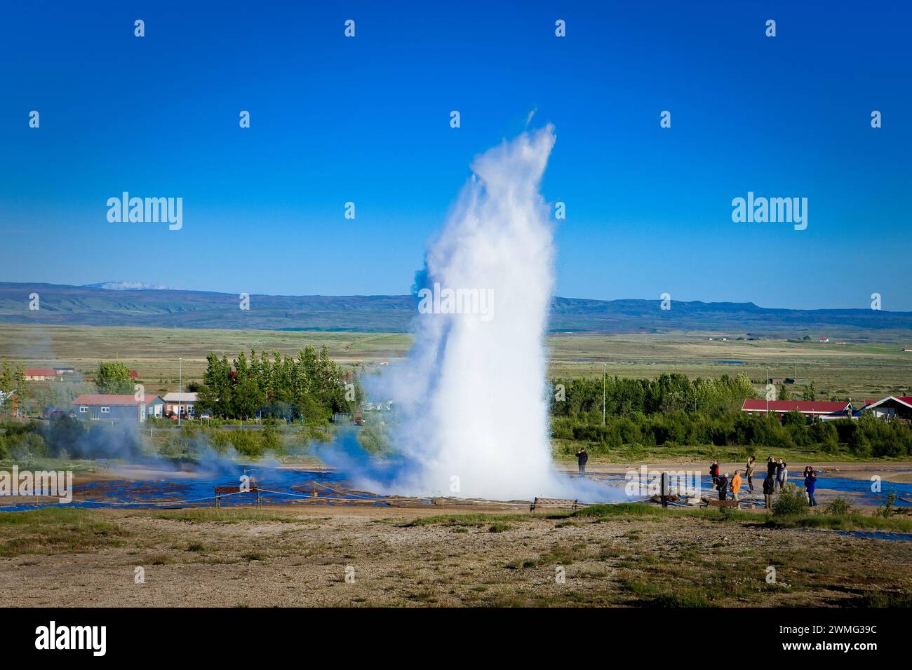 A geyser in a field with old faithful in the background Stock Photo
