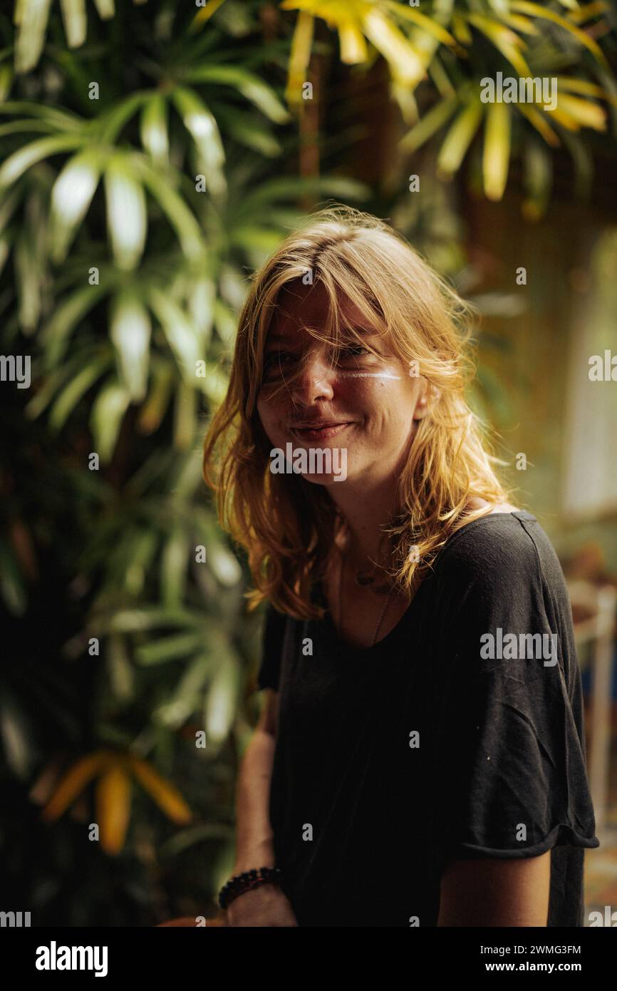 Portrait of a happy hippie woman. Stock Photo