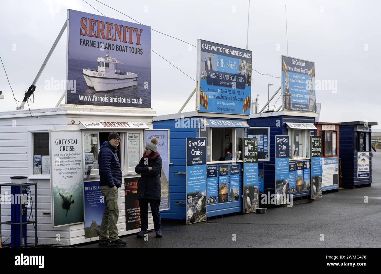 Ticket booking kiosks for boat trips on the Harbour wall, Seahouses ...