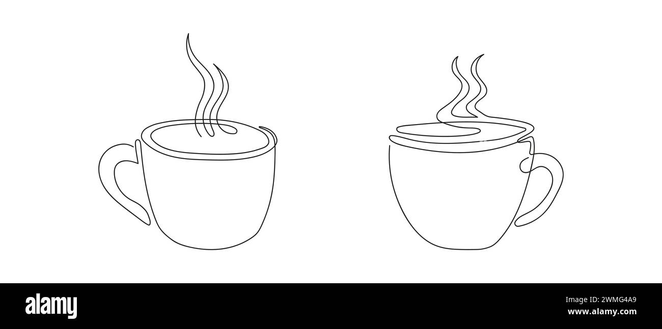 Line art of two hot cups with steam. Coffee or tea mugs. Continuous one line drawing. White backdrop. Design elements for print, greeting, postcard, scrapbooking. Concept of hot beverage, drink Stock Vector