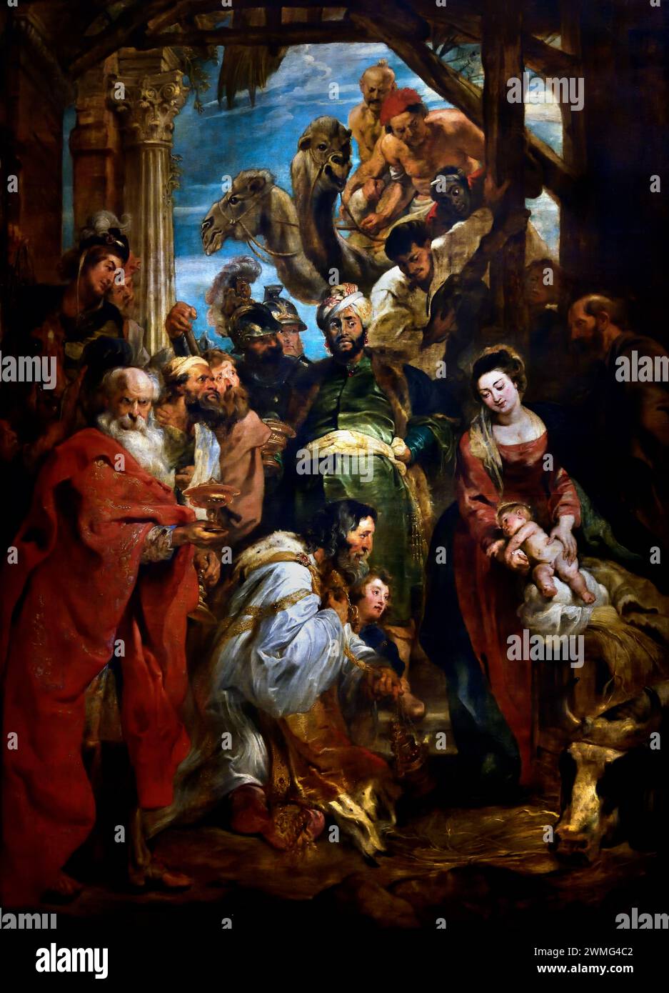 The Adoration of the Magi by Peter Paul Rubens.(1577-1640).  Flemish artist and diplomat, Flemish, Baroque  Royal Museum of Fine Arts,  Antwerp, Belgium, Belgian. Adoration, Magi, Adoration of the Kings , Nativity of Jesus, Three Magi, represented as kings, found Jesus by following a star, lay before him gifts of gold, frankincense, and myrrh, and worship him Stock Photo