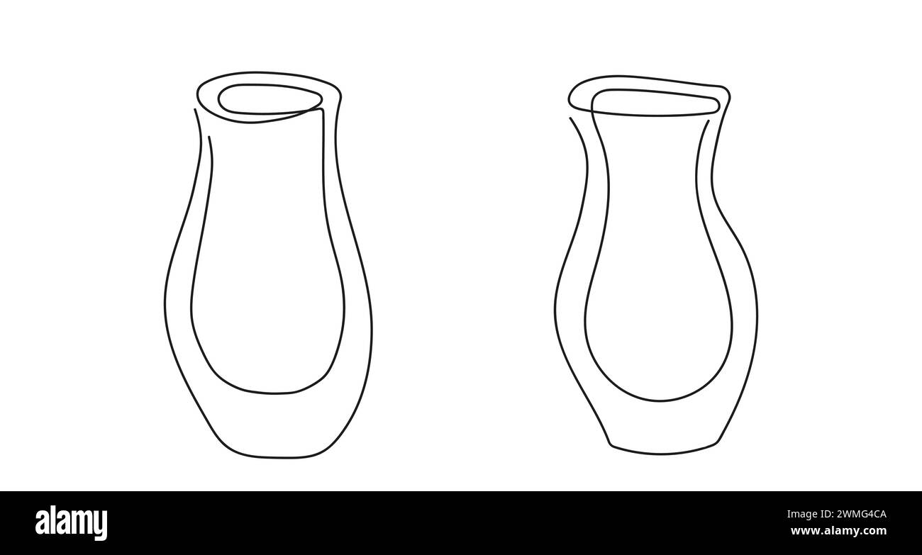 Continuous one line drawing of two flower vases. Line art. Isolated on white background. Concept of home decor, minimalism. Design element for print, postcard, scrapbooking, coloring book. Set Stock Vector