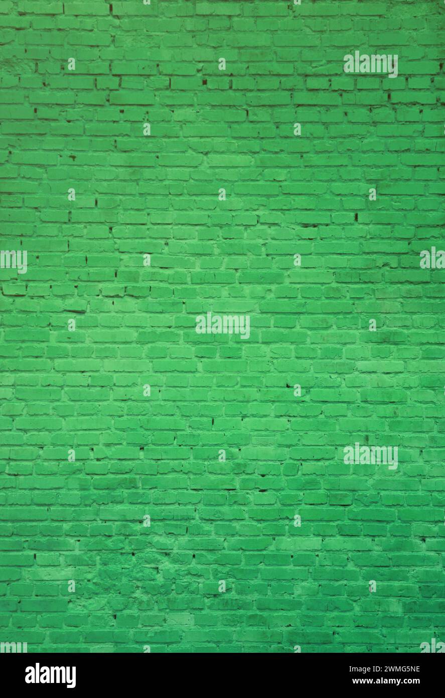 The texture of the brick wall of many rows of bricks painted in green ...