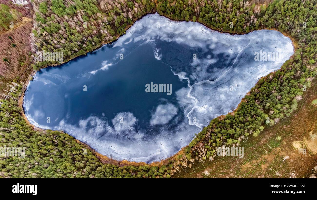 Aerial view of the lake in Lithuanian forests, winter, wild nature. Name of the lake 'Eserinis', Varena district, Europe. Stock Photo